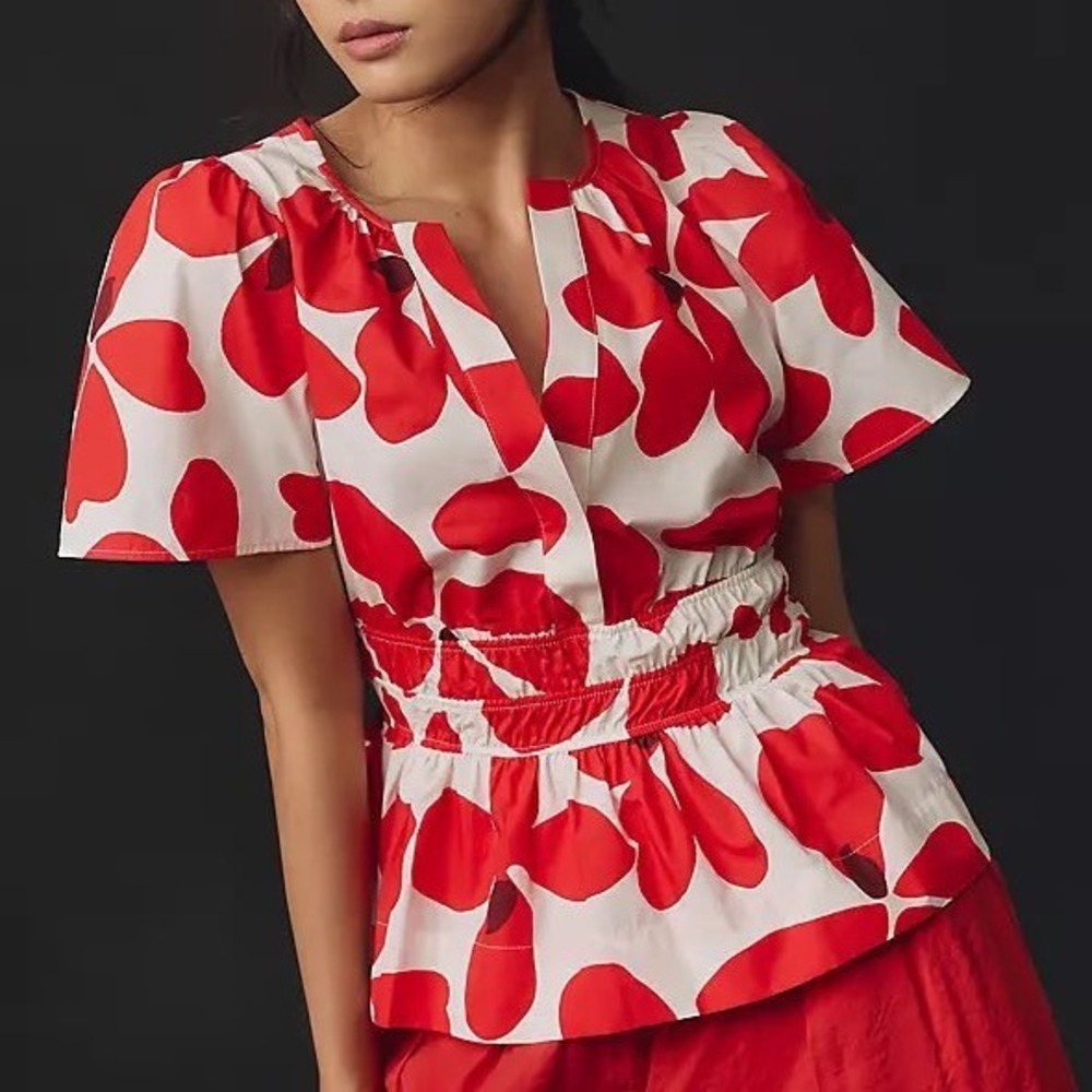 Anthropologie Somerset Peplum Top Red Floral Smocked V Neck Cotton - XXSmall